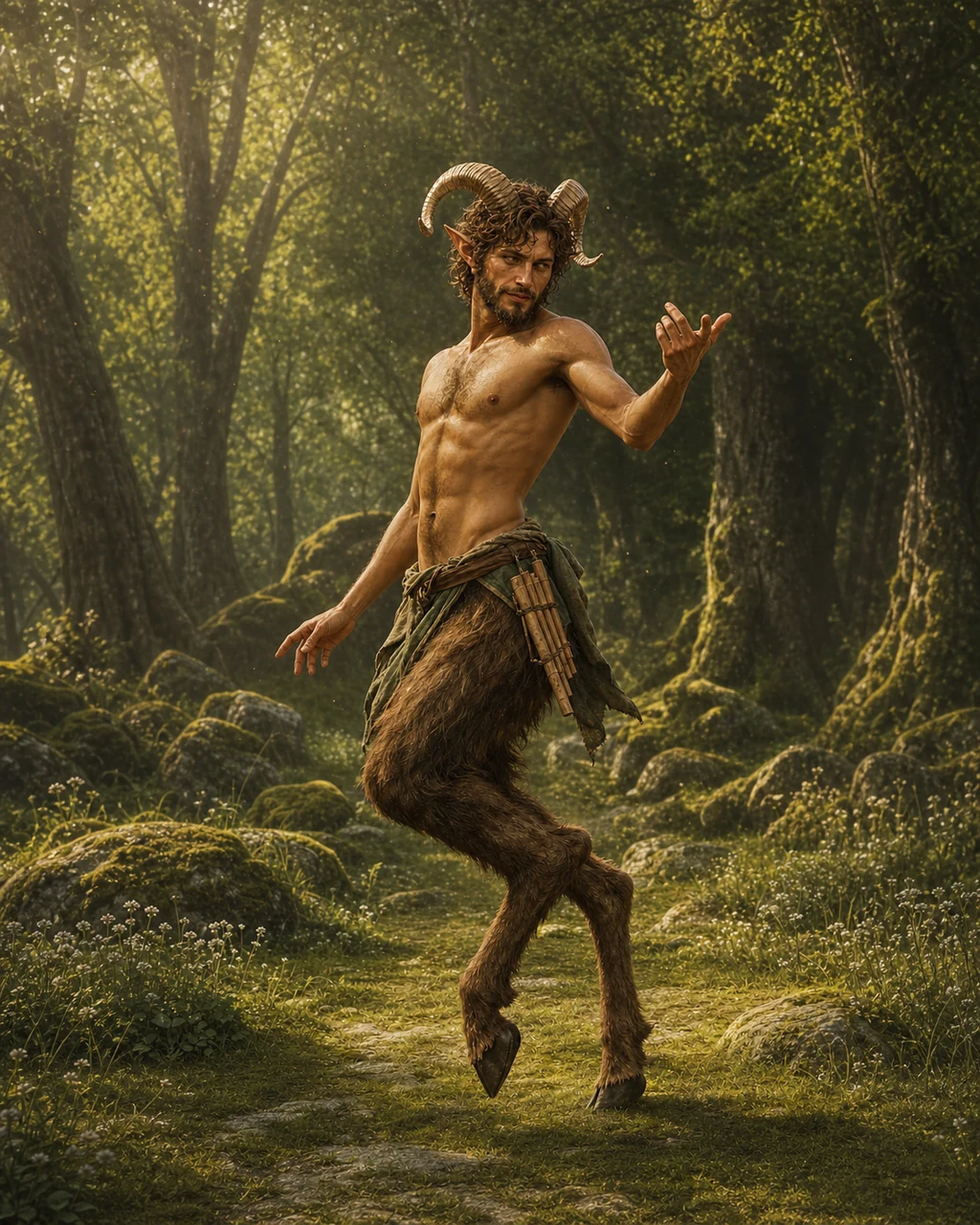 A horned satyr springs sideways in a forest glade on two shaggy goat legs and cloven hooves.