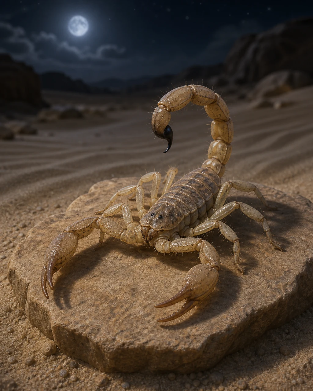 A sand-colored scorpion raises its segmented tail and spreads two pincers on a desert stone.