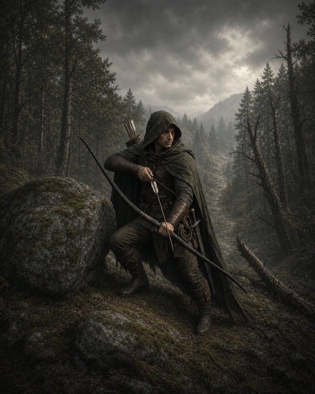 A compact hooded scout kneels on a wooded ridge with longbow half-drawn and shortsword at the hip.