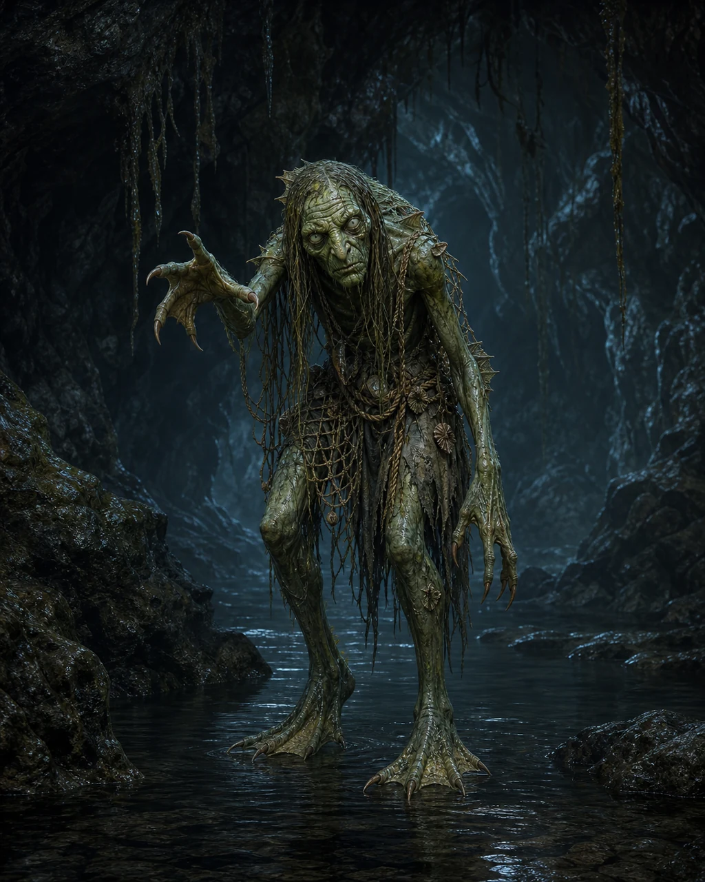 A gaunt green sea hag rises from black tidal water, webbed claws spread beneath long seaweed-dark hair.