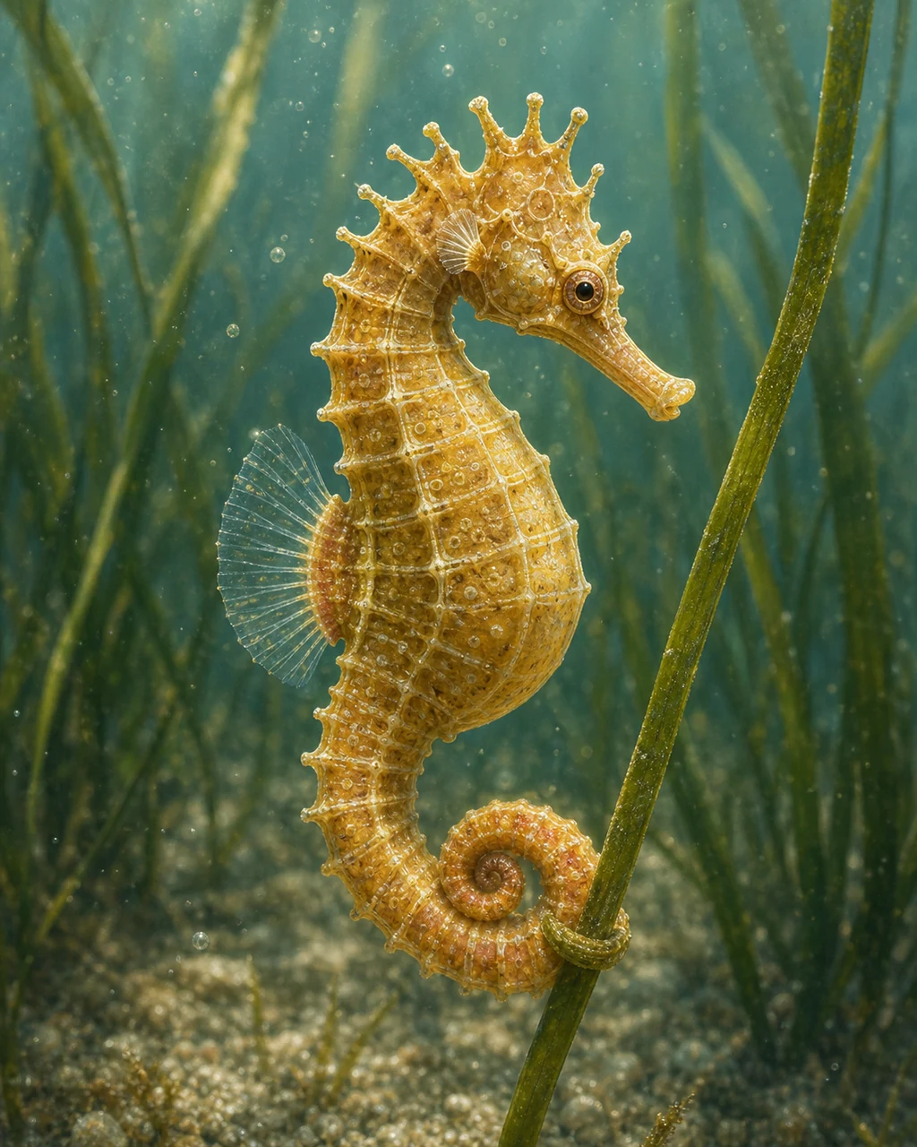 A tiny ochre seahorse anchors its curled tail to sea grass while hovering upright in clear water.