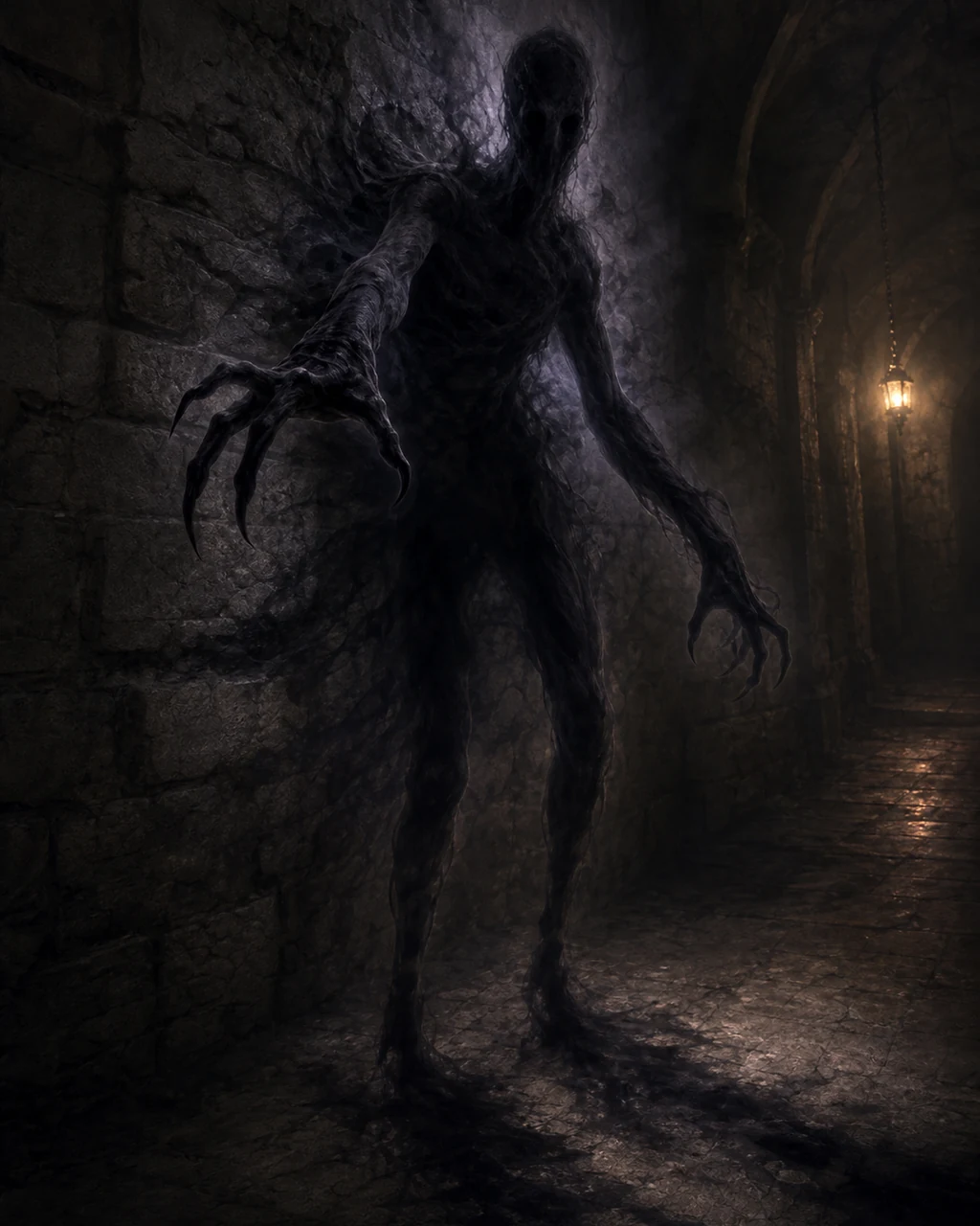 A tall spectral shadow peels away from a dungeon wall and reaches forward with an elongated dark hand.
