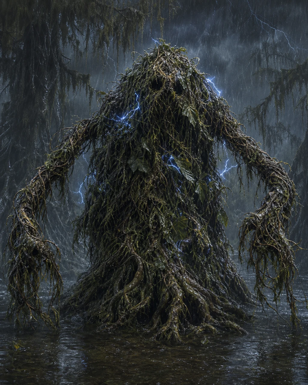 A towering mound of soaked vines and peat shambles through swamp water with tendrils spread wide.