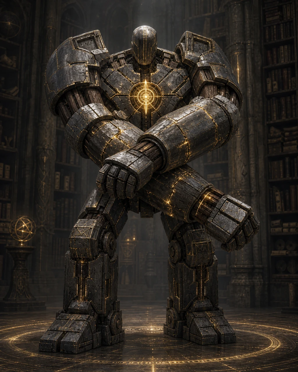 A towering shield guardian crosses its massive arms protectively in an arcane archive.