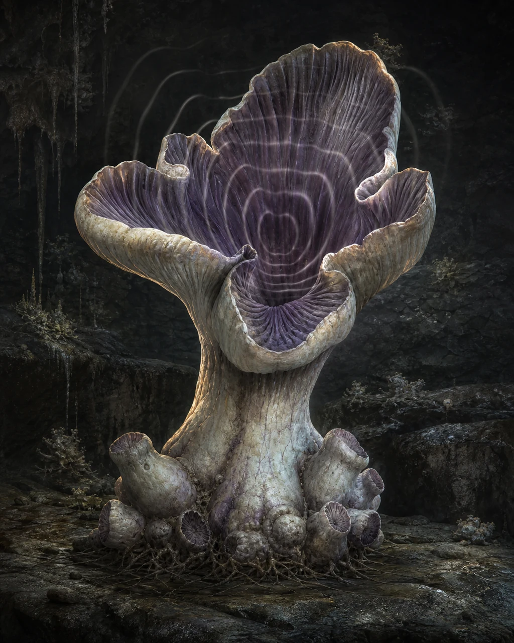 A pale shrieker fungus opens its quivering purple-gray cap in a damp subterranean cavern.