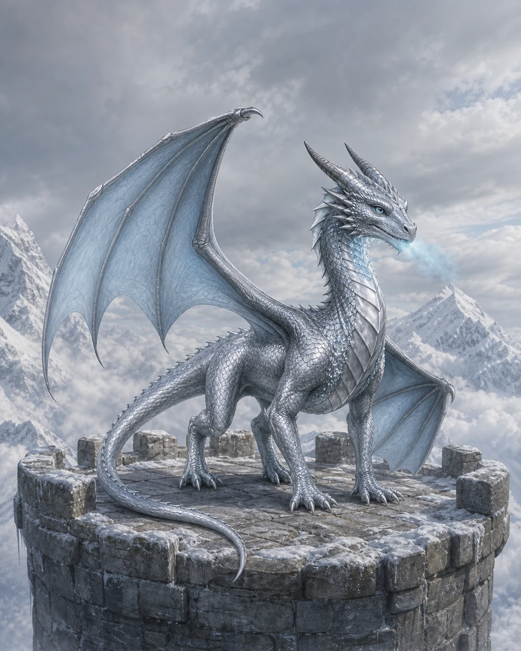A silver dragon wyrmling perches above mountain clouds as frost gathers along its elegant jaws.