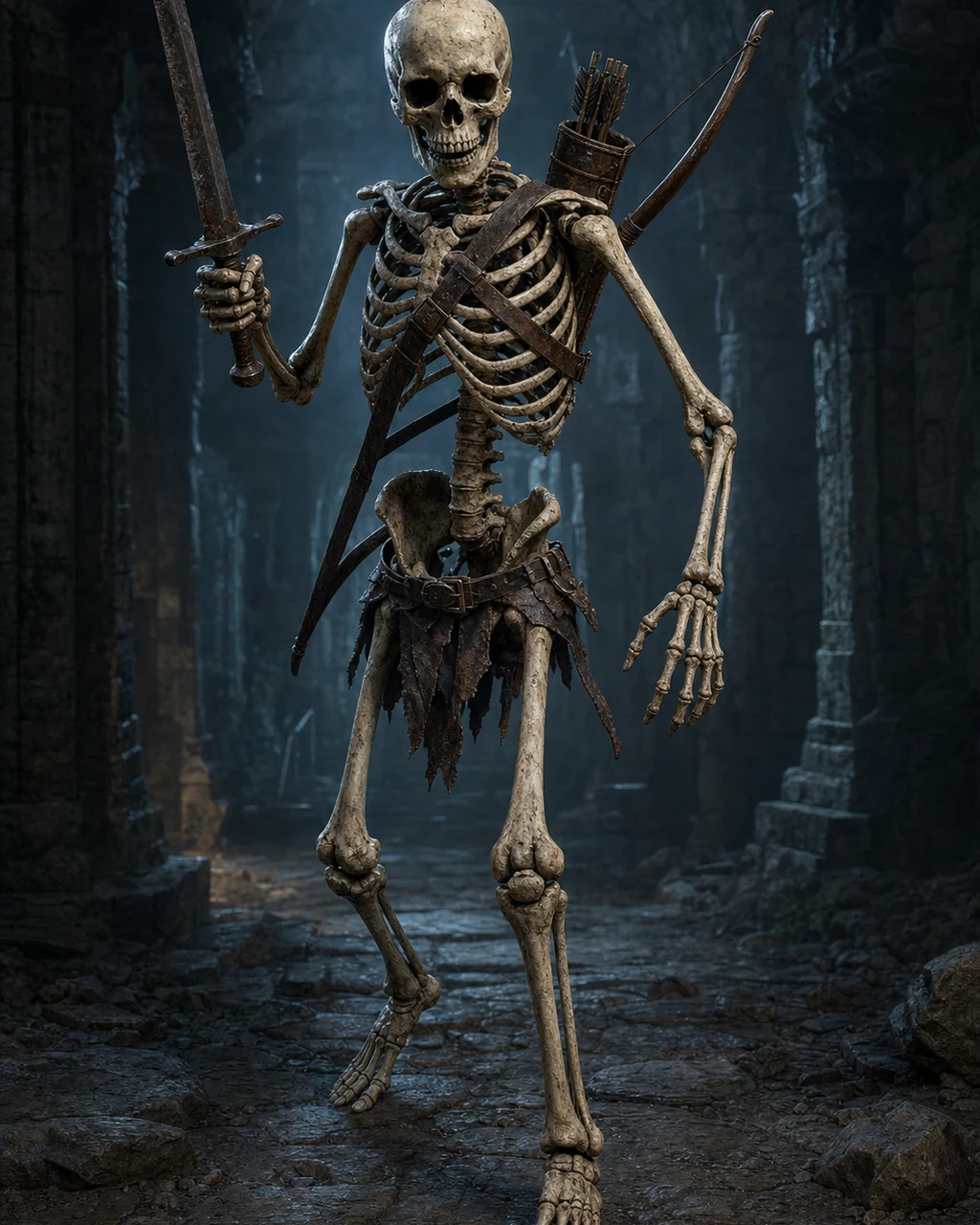 An animated humanoid skeleton advances through a ruin with shortsword raised and shortbow on its back.