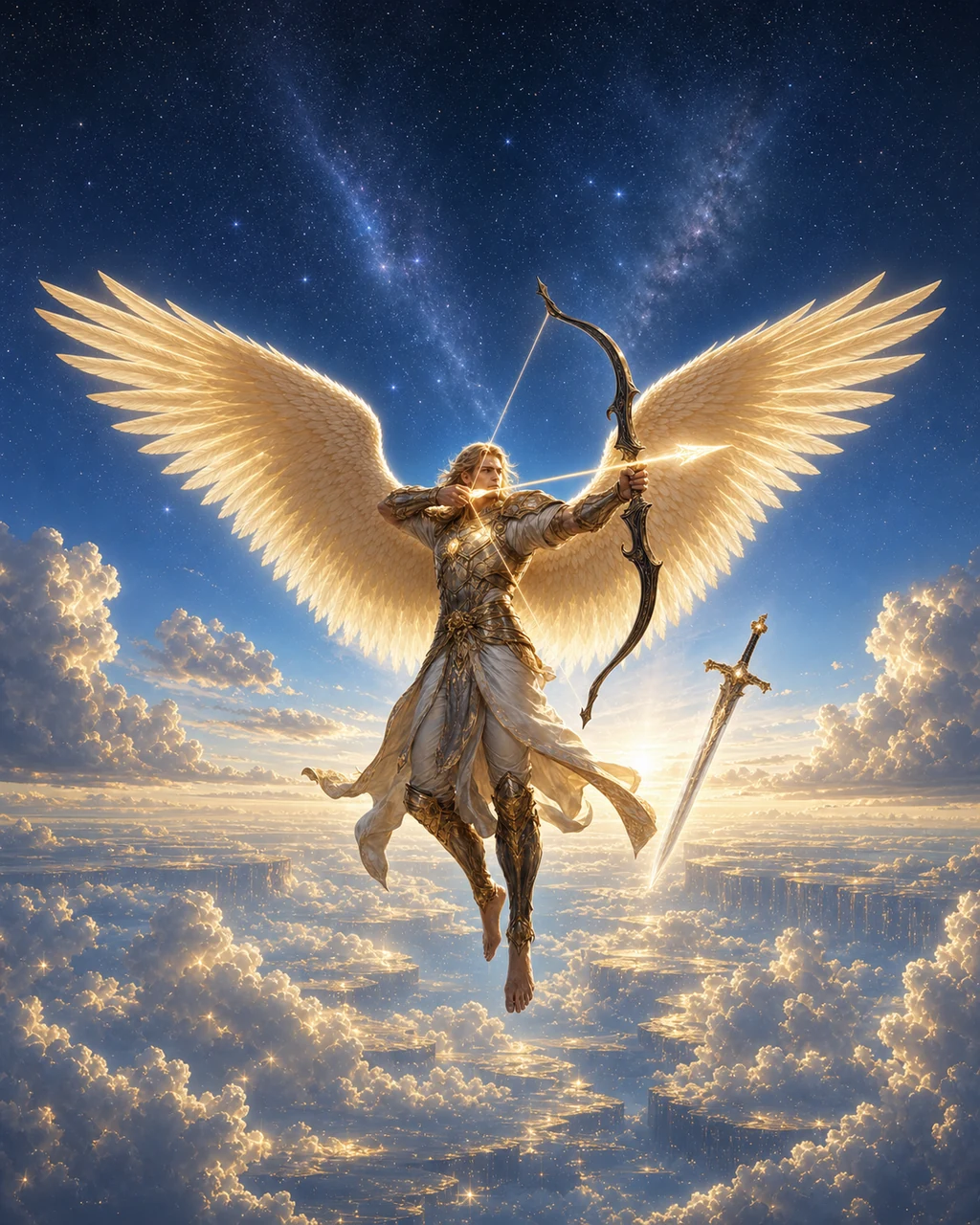 A gold-winged solar hovers above celestial clouds with a radiant bow drawn and a great sword flying beside it.