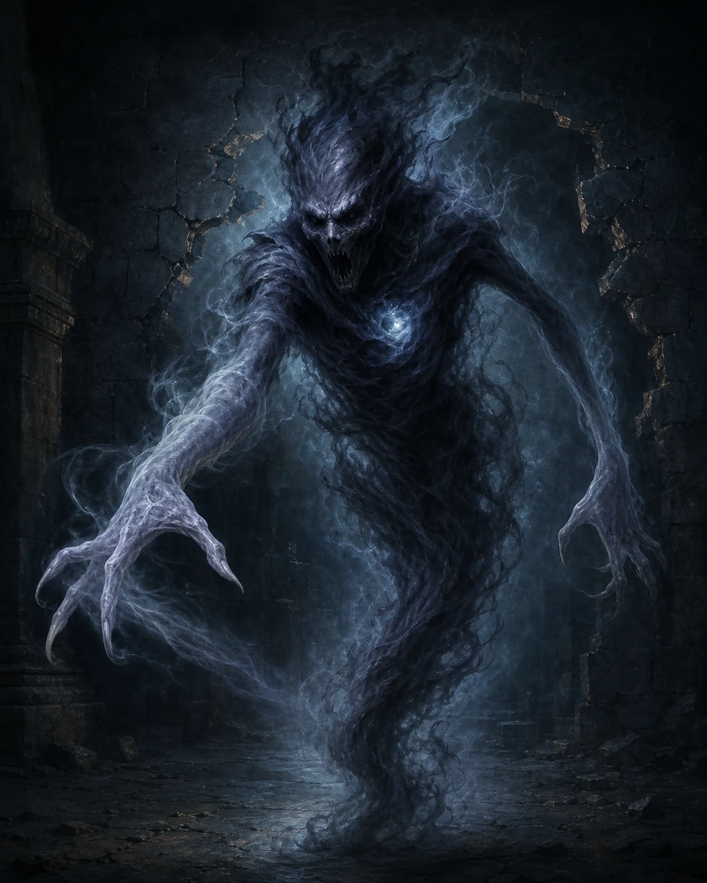 A blue-black specter dives through a ruined wall, its hollow face and reaching hand emerging from torn vapor.