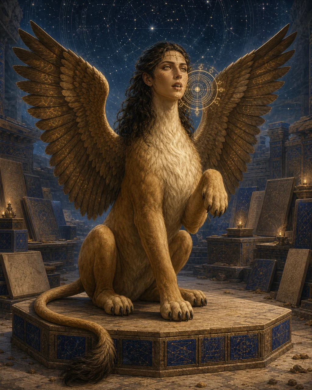 A human-headed Sphinx of Lore sits in a desert archive as golden symbols gather around its measured roar.