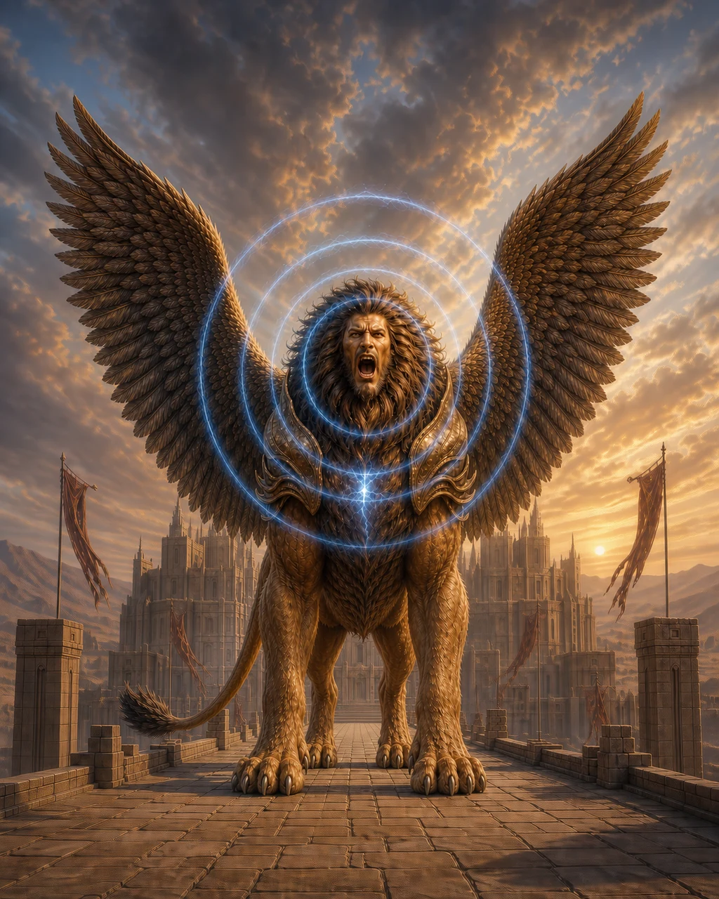 A maned Sphinx of Valor guards a desert causeway with wings spread and thunder rippling from its roar.