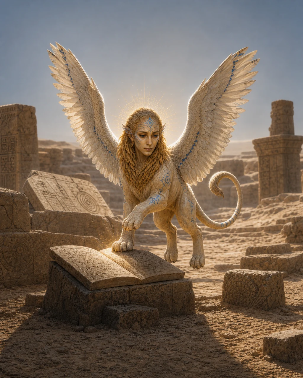 A tiny cream-and-gold sphinx of wonder hovers over a stone tablet with feathered wings spread in discovery.