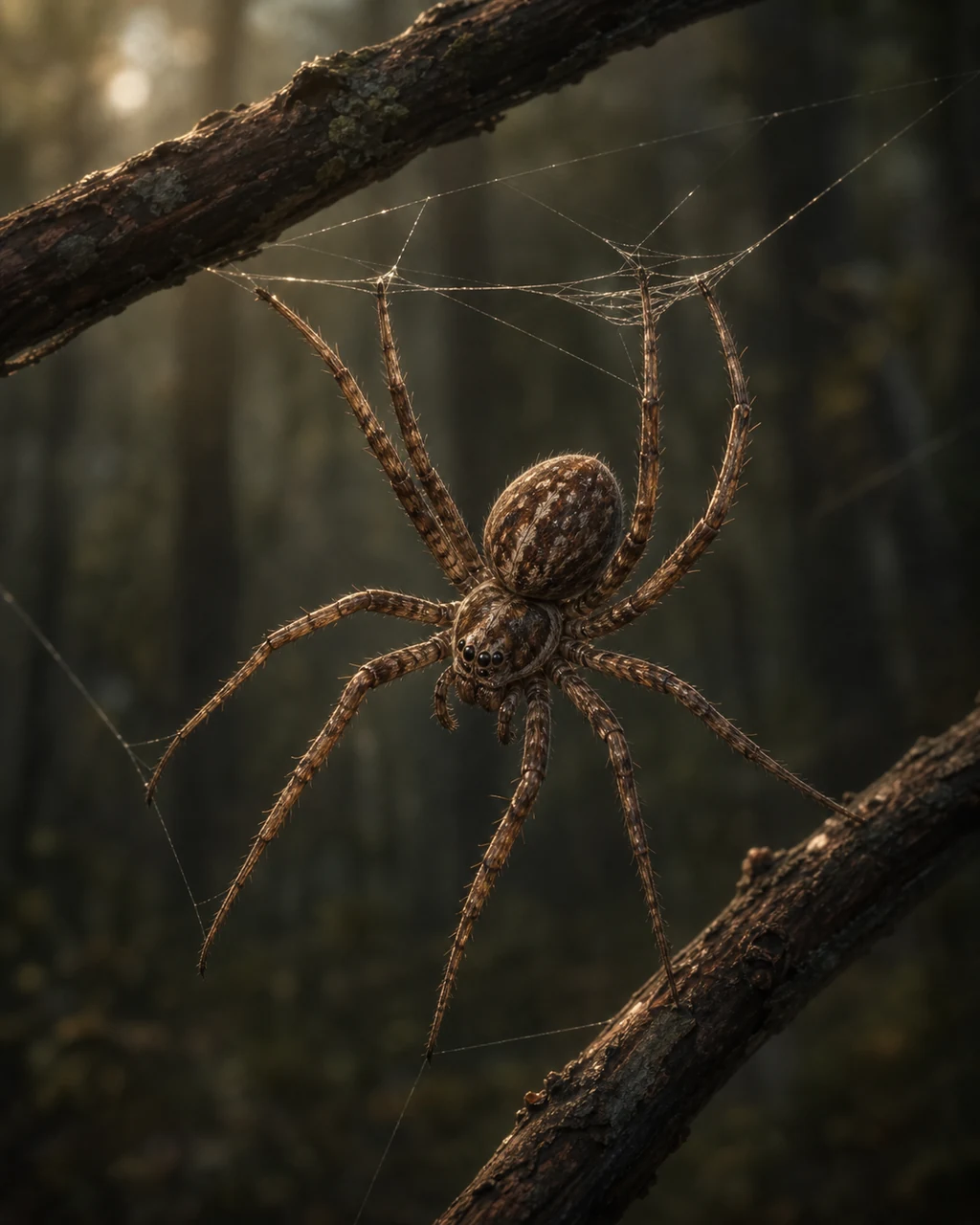 A tiny brown spider hangs beneath a silver web strand with eight legs spread toward a vibration.