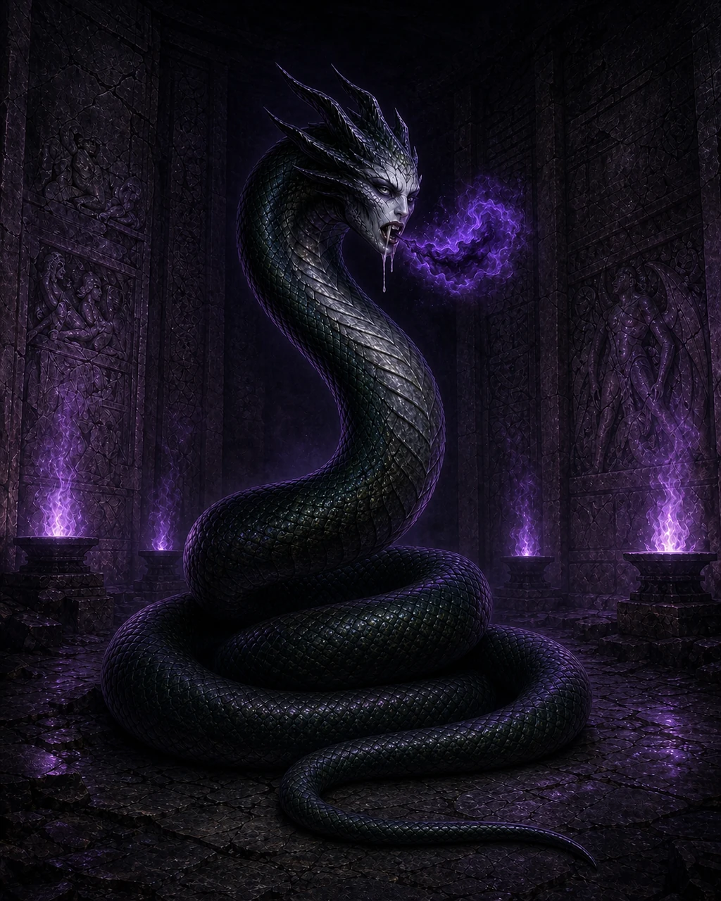 A dark-scaled spirit naga rises from its coils in a buried shrine as violet necrotic light gathers near its face.