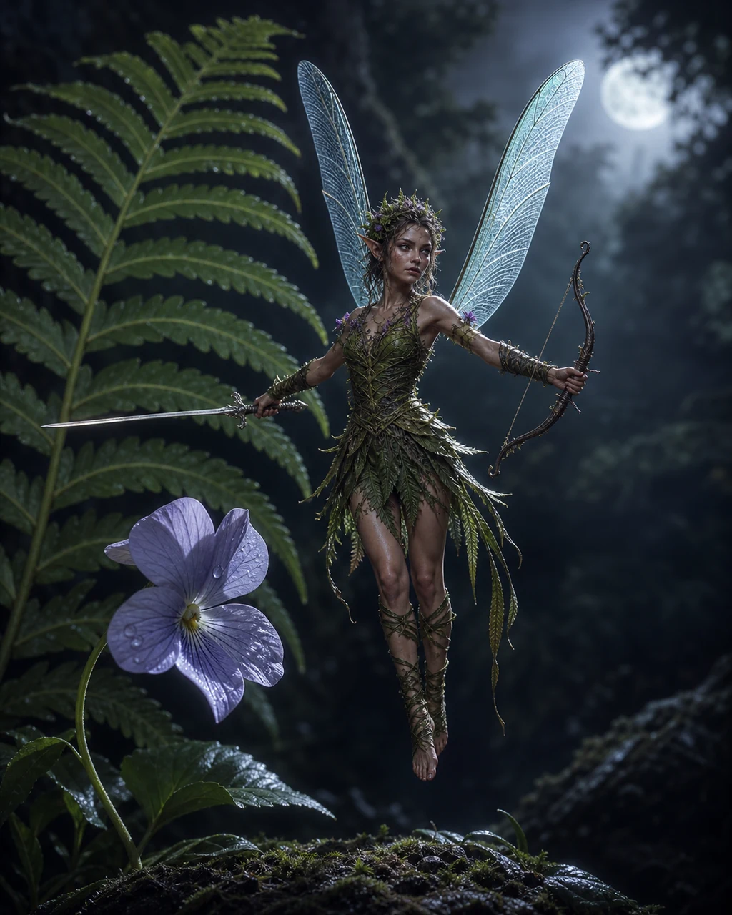 A hand-high sprite hovers beside a fern on transparent wings with a needle sword and tiny bow.