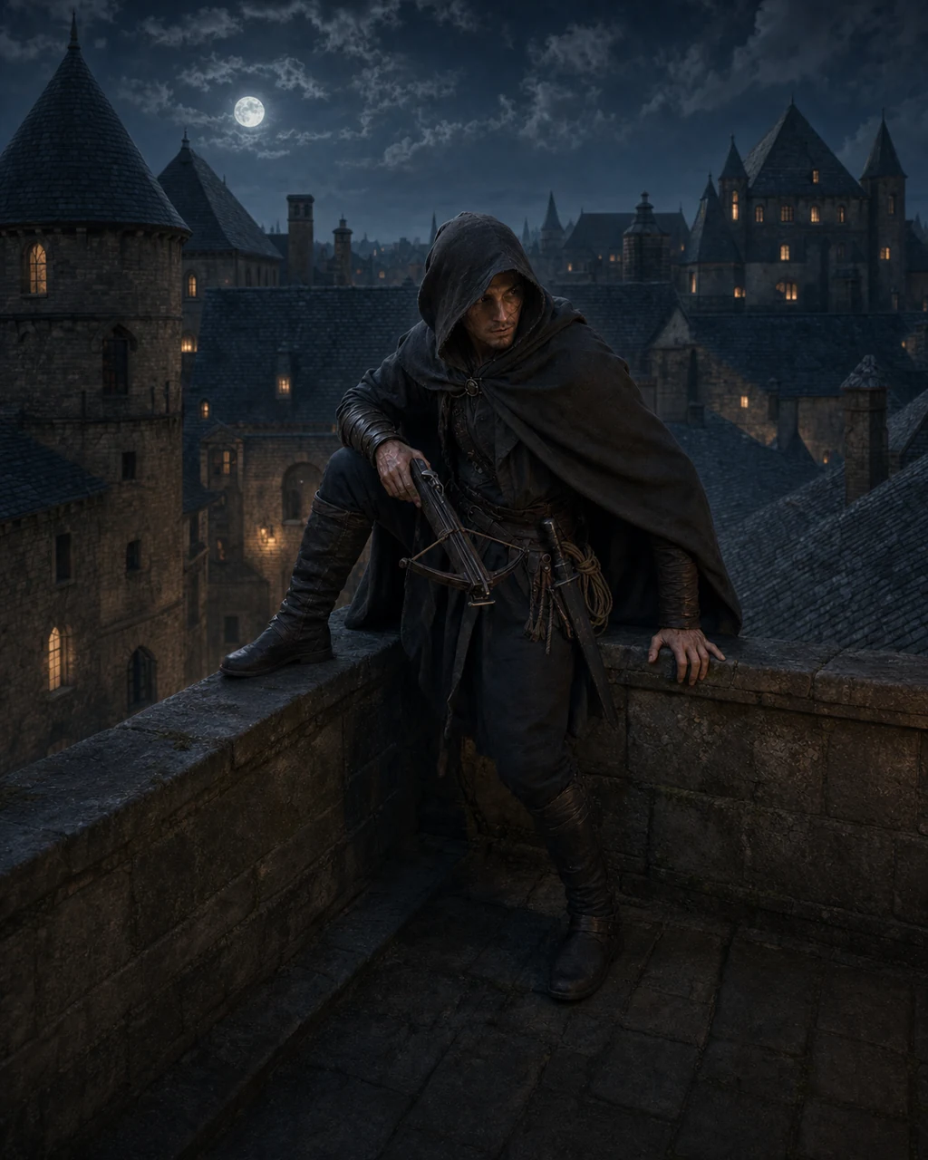 A compact hooded spy climbs a moonlit parapet with a hand crossbow ready and shortsword concealed at the hip.