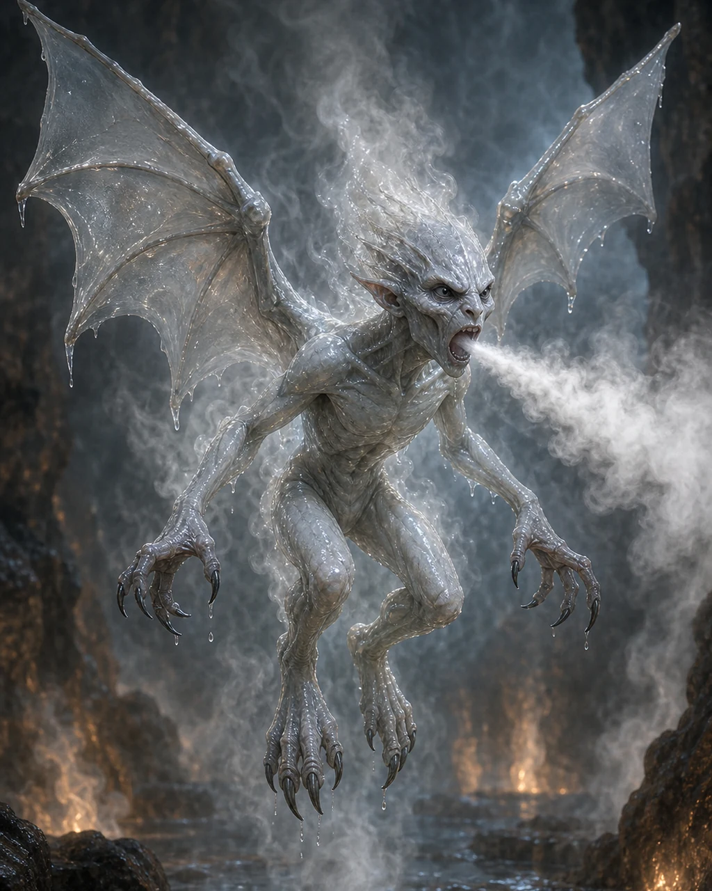A small pale steam mephit hovers in a wet grotto with two wings spread and scalding mist at its jaws.