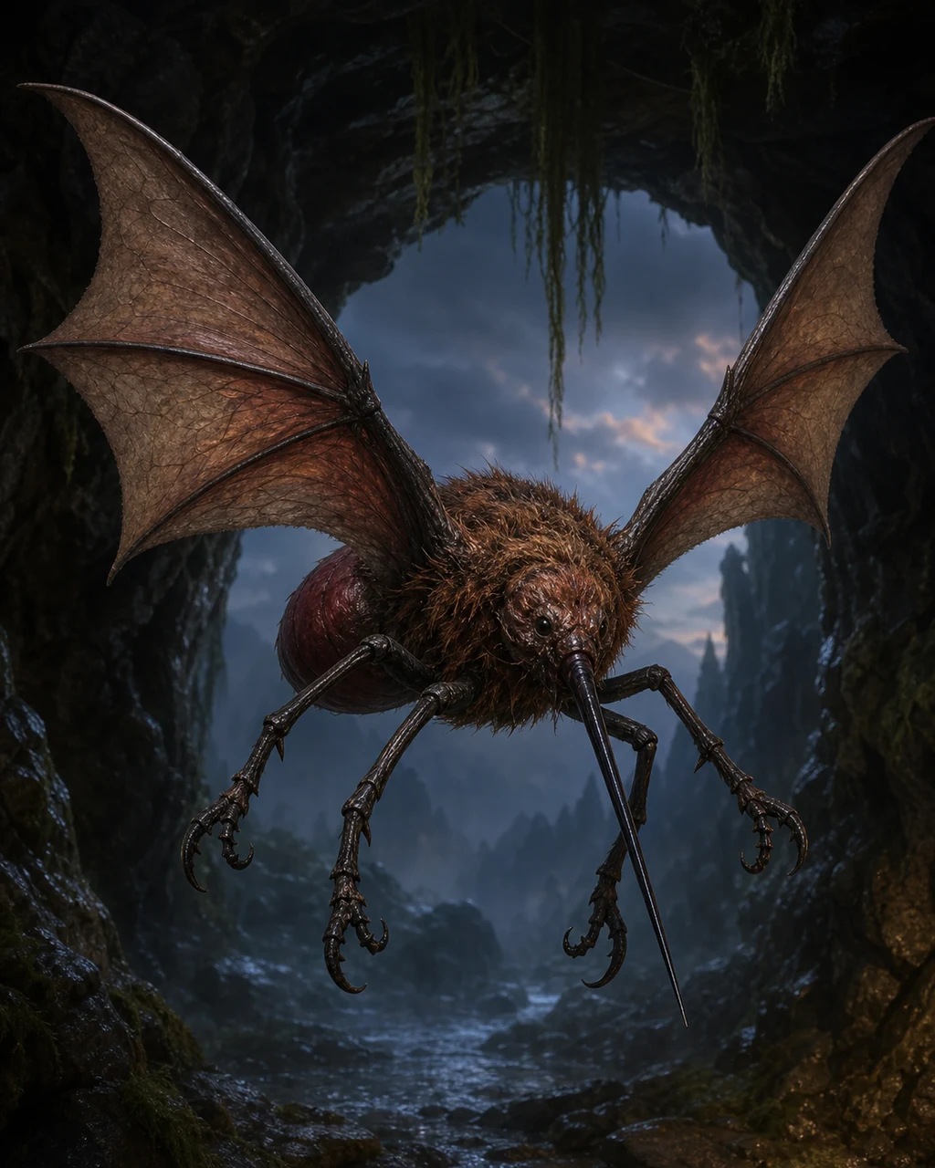 A bat-sized stirge approaches on two veined wings with four pincer-tipped legs open and a long proboscis forward.