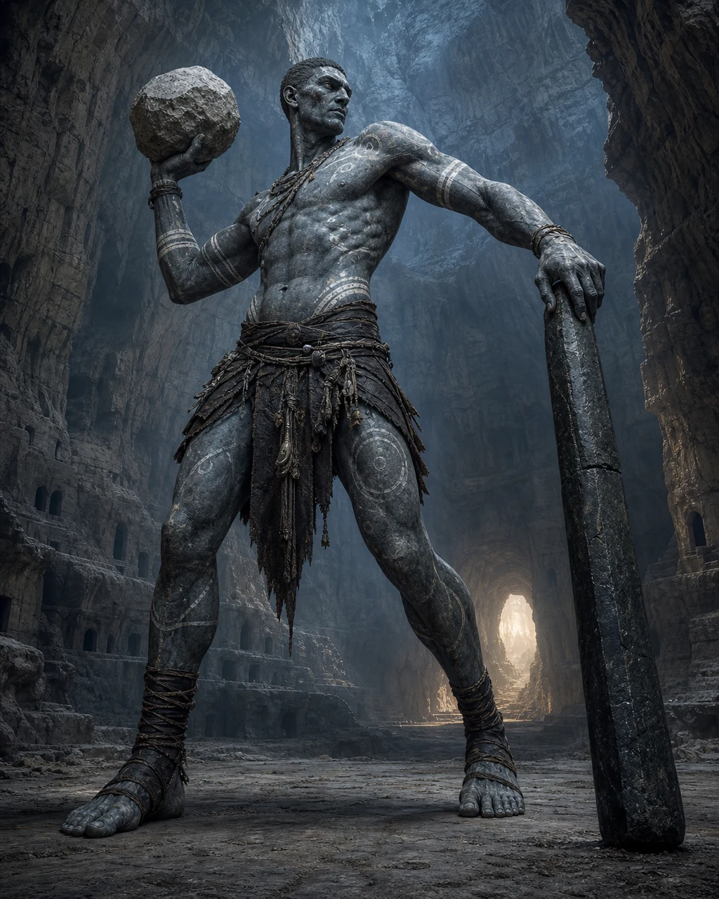 A lean slate-skinned stone giant draws back a boulder in a vast mountain cavern.