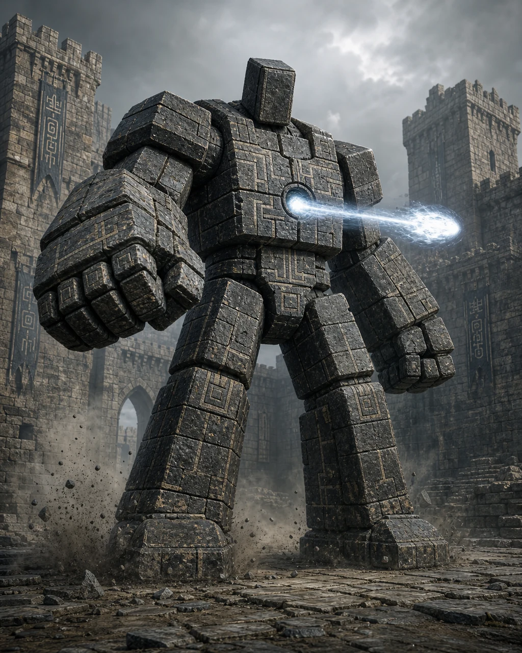 A massive dark stone golem launches a pale force bolt while swinging one slab fist in a ruined courtyard.