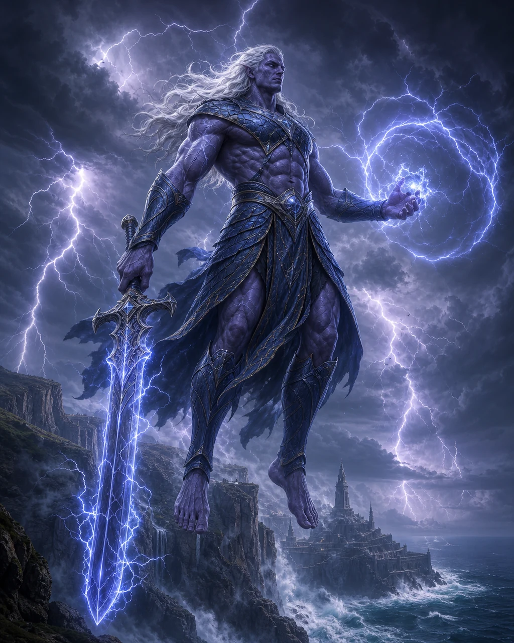 A colossal violet-gray storm giant hovers above a sea cliff with a thunderous sword and lightning in hand.