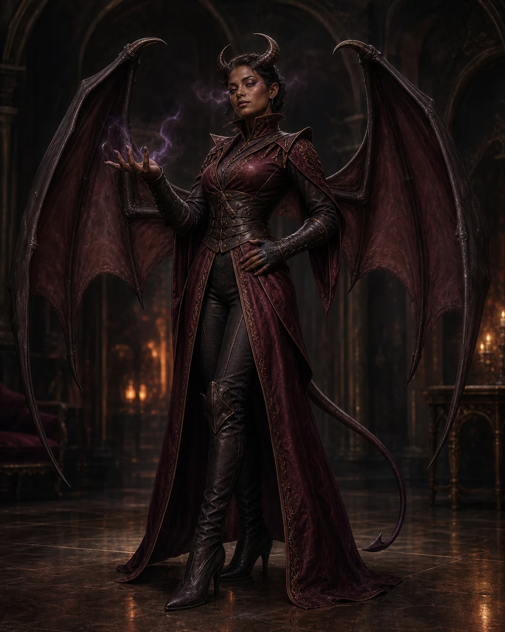 A poised horned succubus with dark wings extends one hand in a shadowed infernal salon.