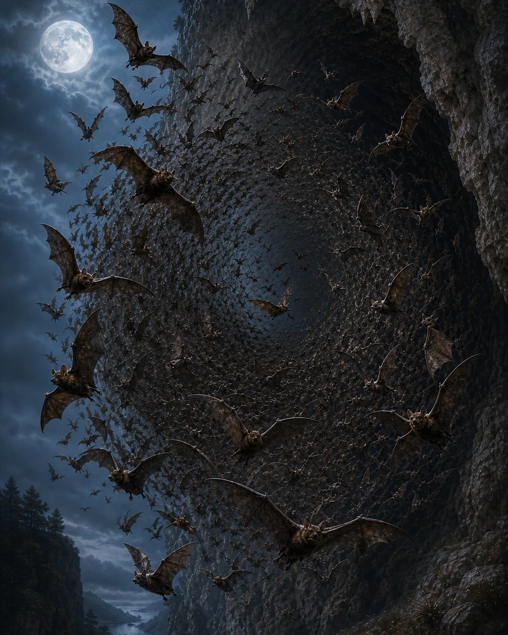 Dozens of small brown bats spiral from a cave in a broad coordinated swarm.