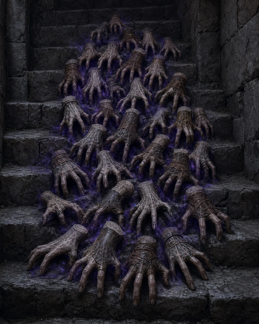Dozens of desiccated crawling claws spill down a crypt stair in a coordinated wave of hooked fingers.