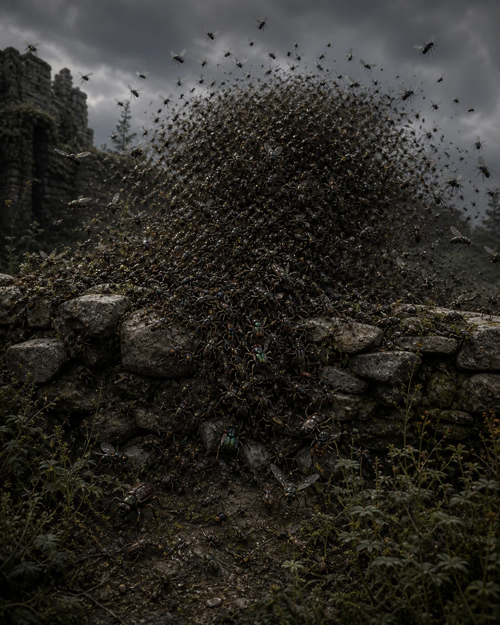 A dense mixed swarm of beetles and flies rolls over a low ruin wall in a dark shifting wave.