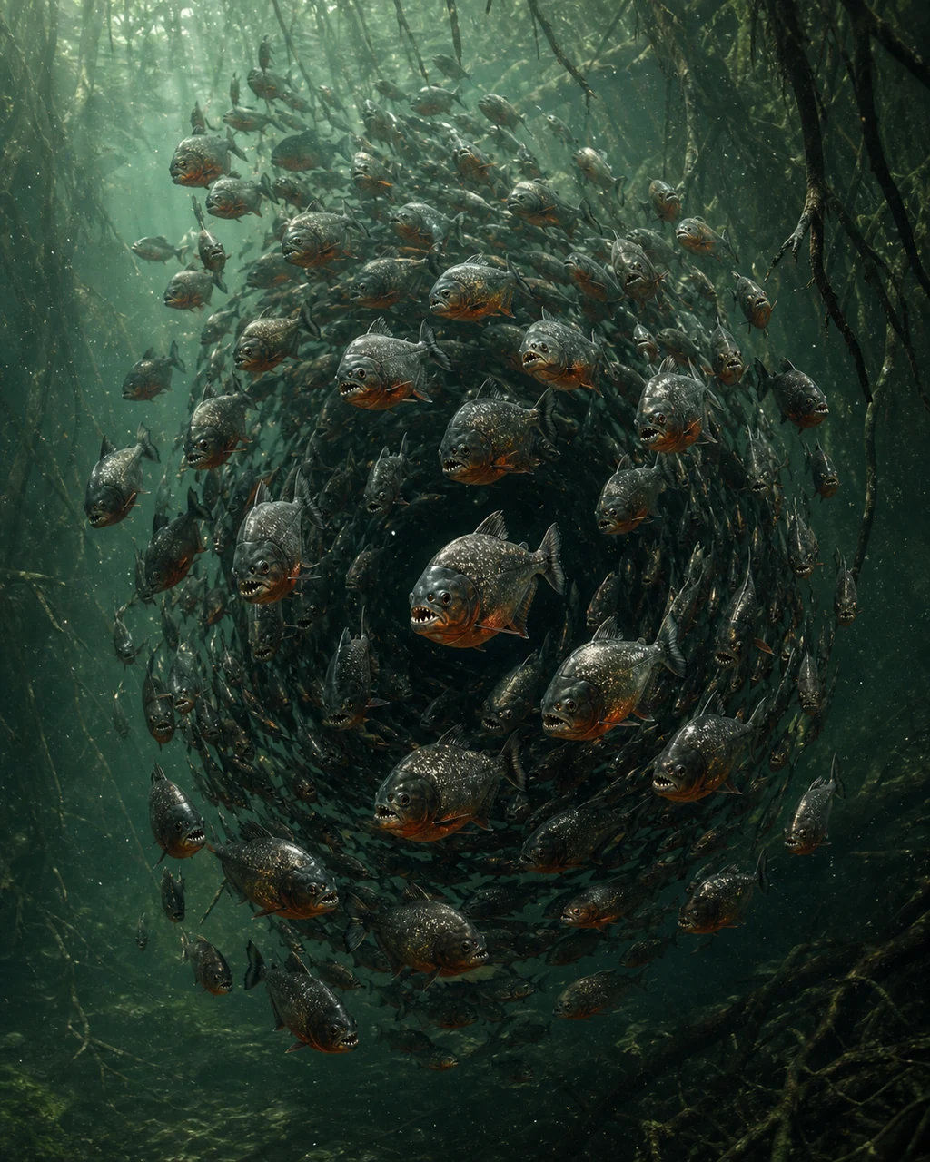 A dense swarm of silver and red piranhas wheels through a murky river beneath submerged roots.