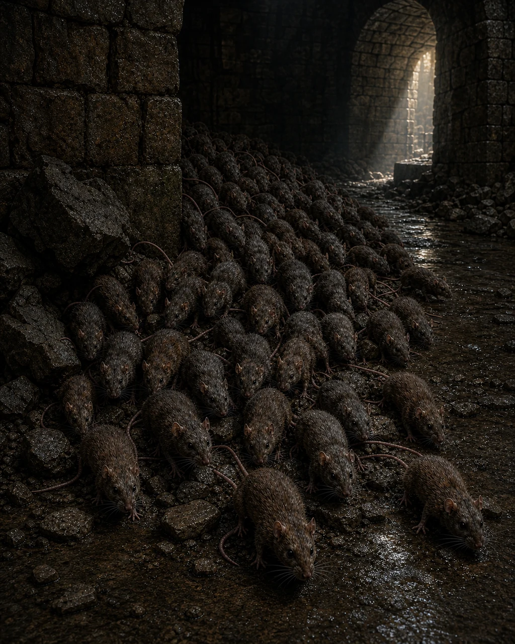 Scores of brown and gray rats pour around a damp dungeon corner in a low packed swarm.
