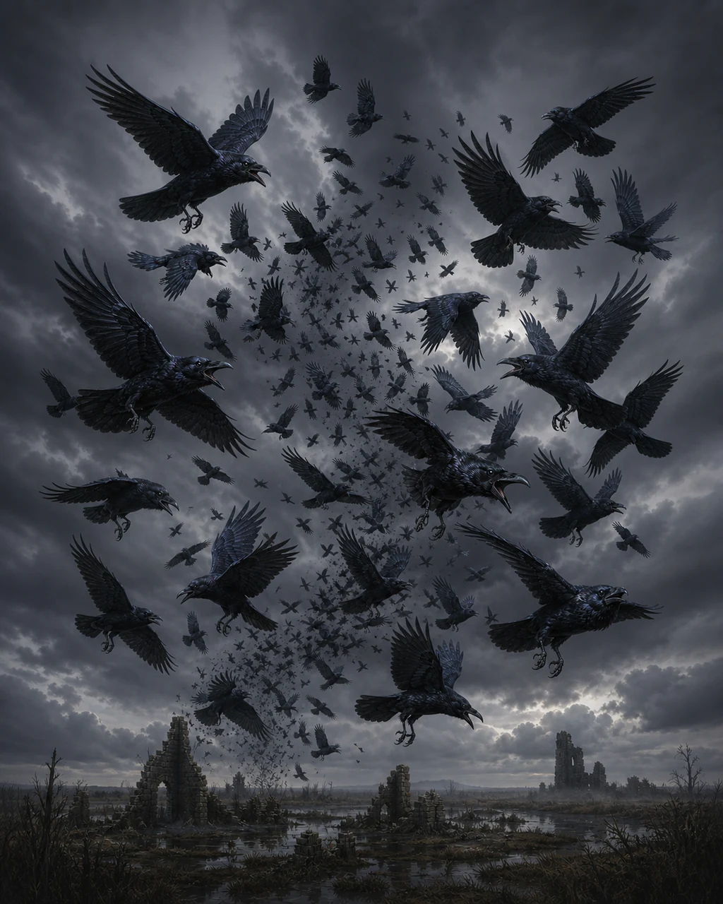 A loud swarm of glossy black ravens spirals above a marsh ruin with many beaks open.