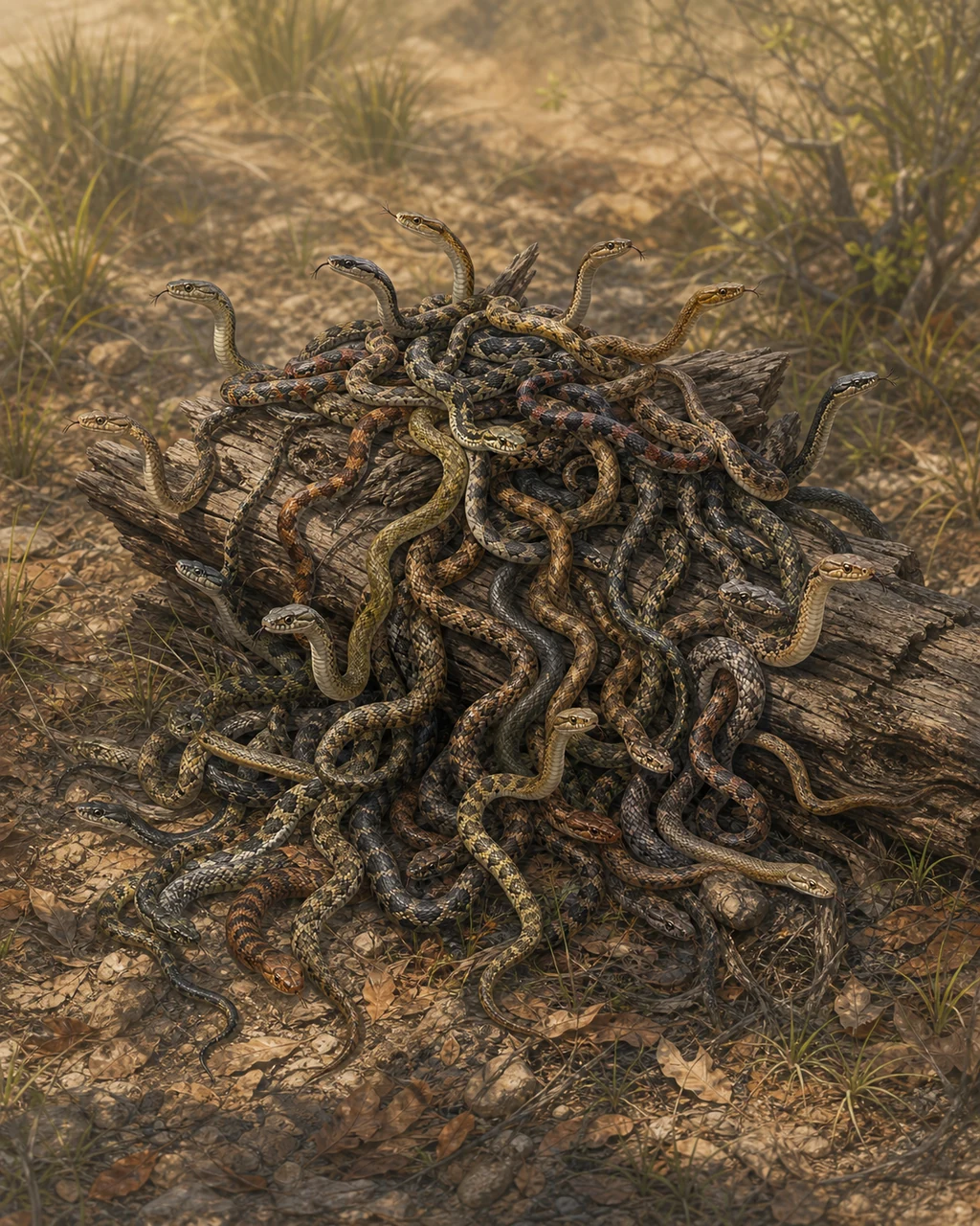 Dozens of olive, tan, and rust venomous snakes pour over a fallen log with several heads raised.