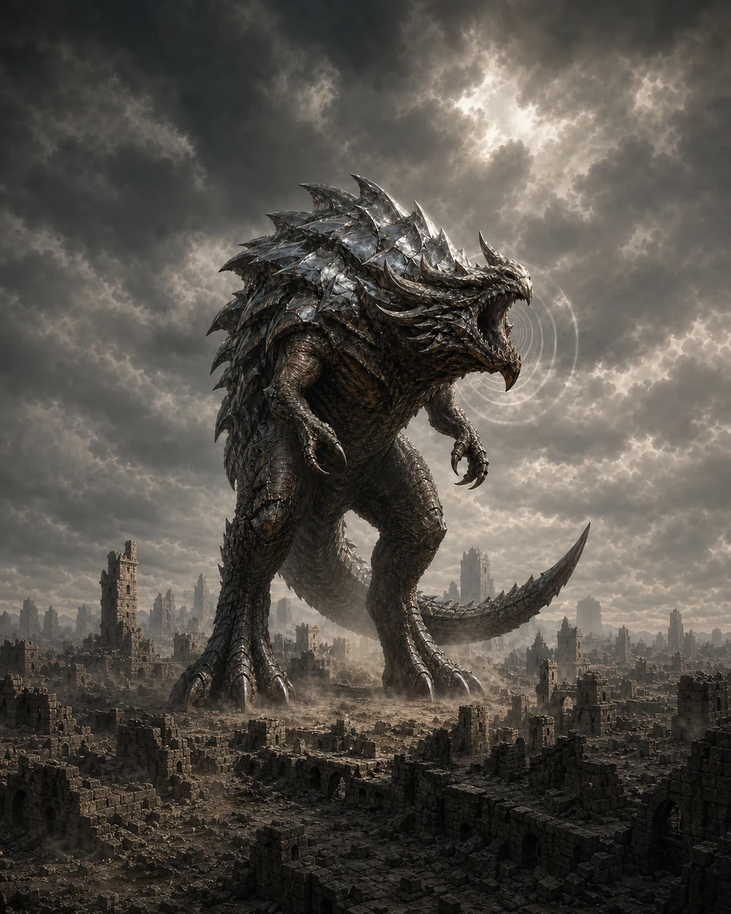 The gargantuan tarrasque climbs through a fortified city edge, reflective carapace raised as its roar sends out shock waves.