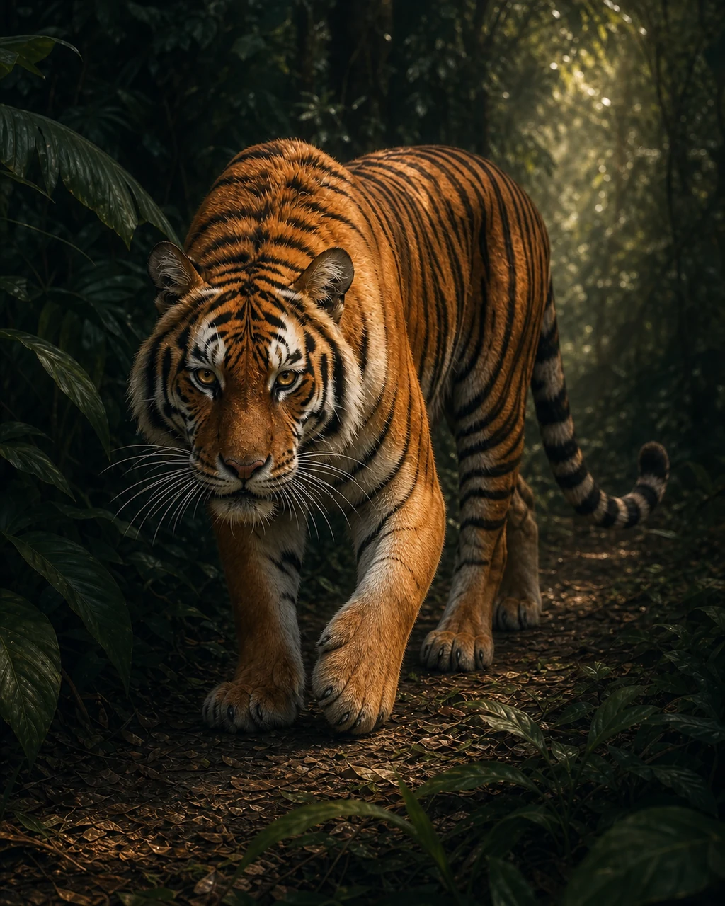 A large orange-and-black tiger stalks silently from dense green leaves with one paw raised.