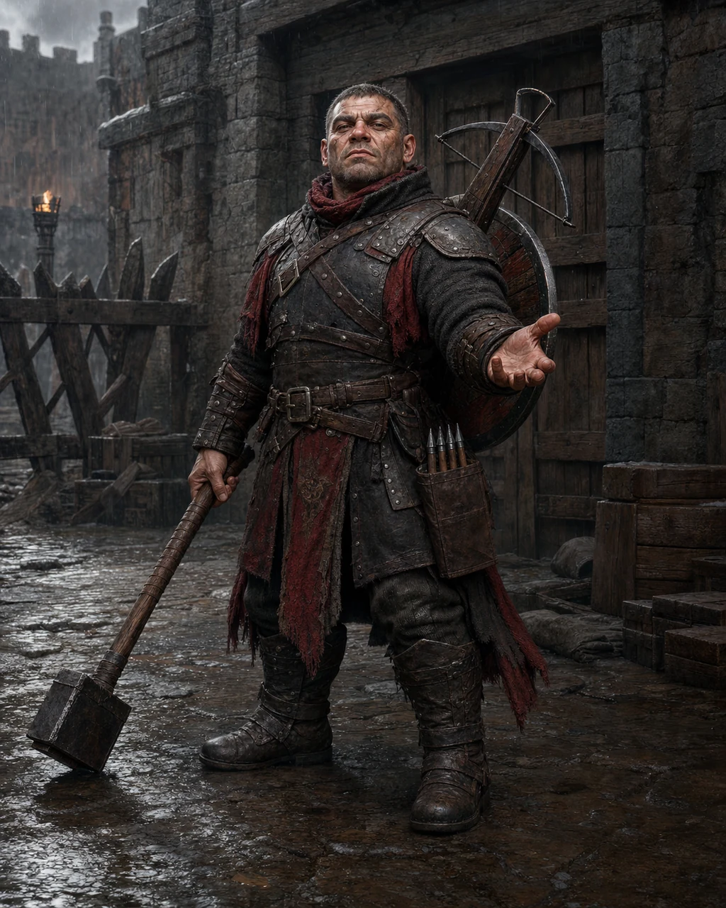 A compact armored tough boss commands a barricaded alley with warhammer and heavy crossbow ready.