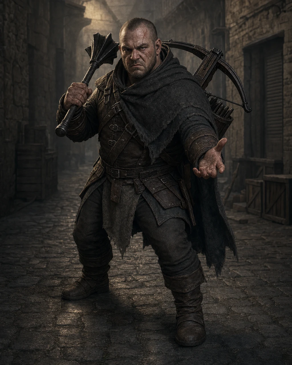 A compact street tough braces in a stone alley with an iron mace raised and heavy crossbow on the back.