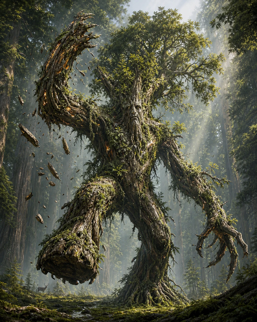 An ancient treant strides from an old forest, raising one vast branch arm as bark shards fly.