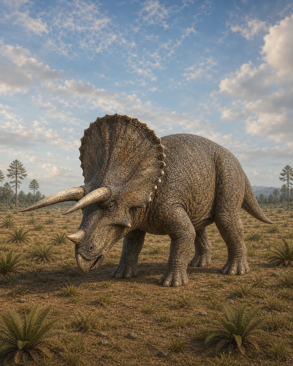 A huge three-horned triceratops lowers its broad frill and charges across a dusty grassland.