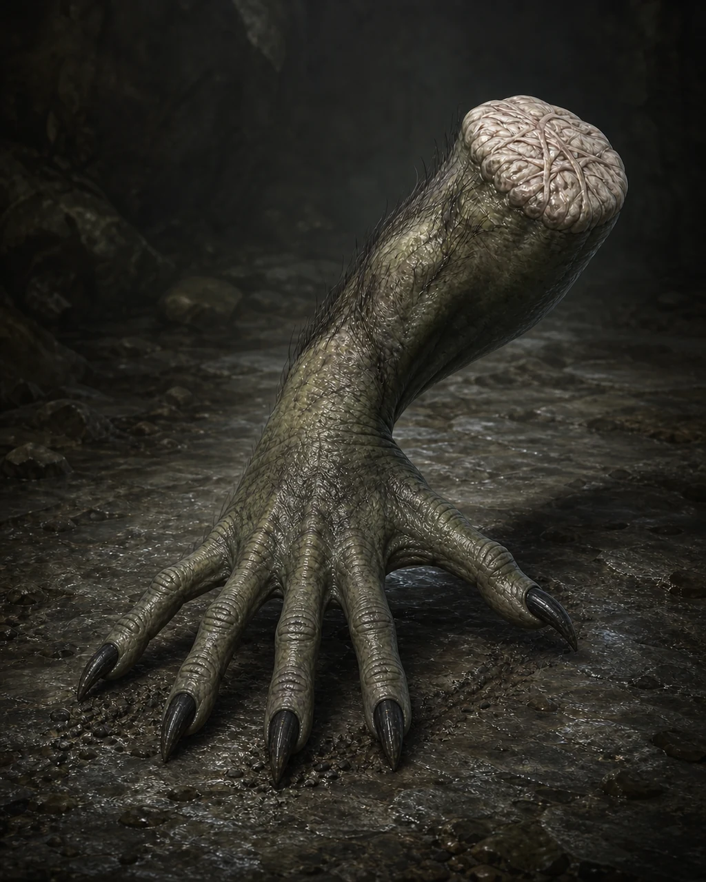 A severed green-gray troll forearm crawls across a cavern floor on five claws, its stump sealed by new tissue.