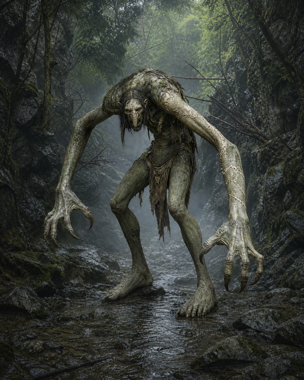 A long-armed moss-colored troll twists to rend in a damp ravine, pale regrowth visible along one forearm.