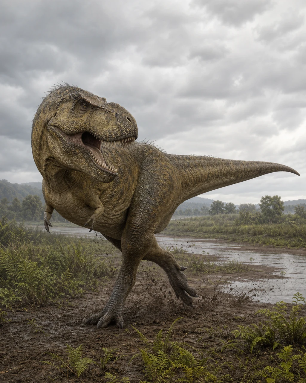 A huge olive-brown tyrannosaurus turns at a run with jaws open and long tail held for balance.