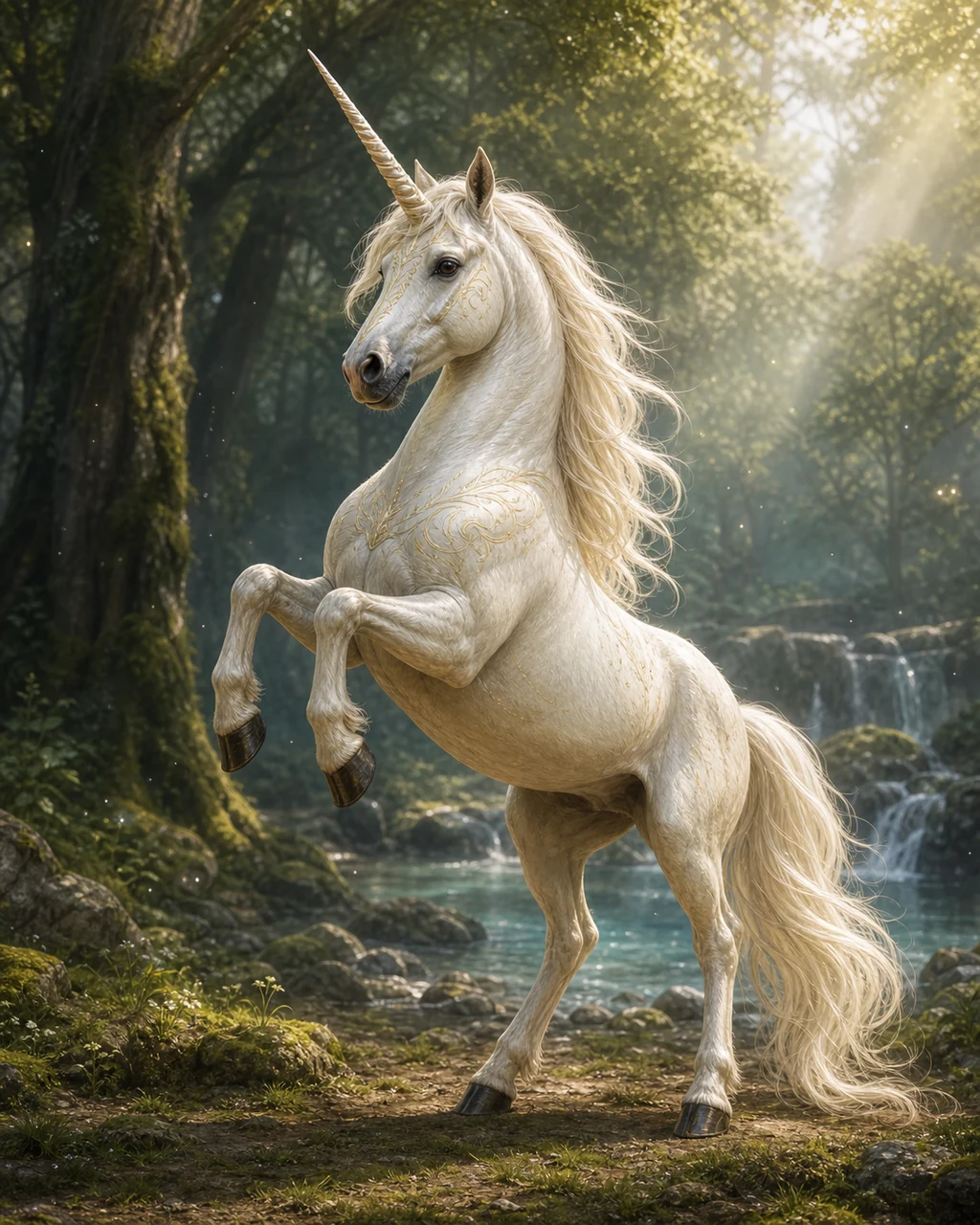 A radiant white unicorn rears protectively beside a forest spring, its single spiraled horn aglow.