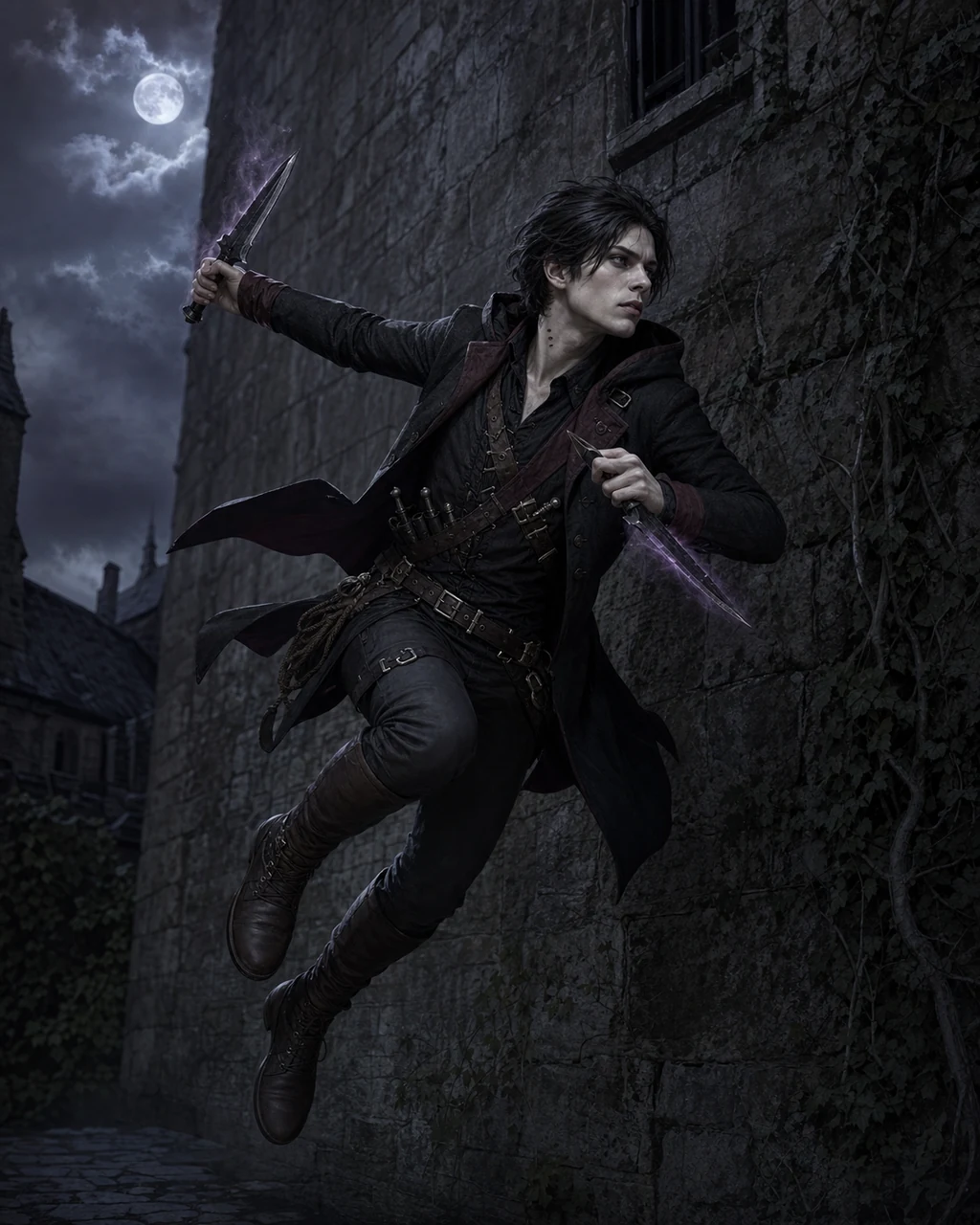 A pale vampire familiar springs from a moonlit manor wall with two shadow-wreathed daggers and more blades concealed.