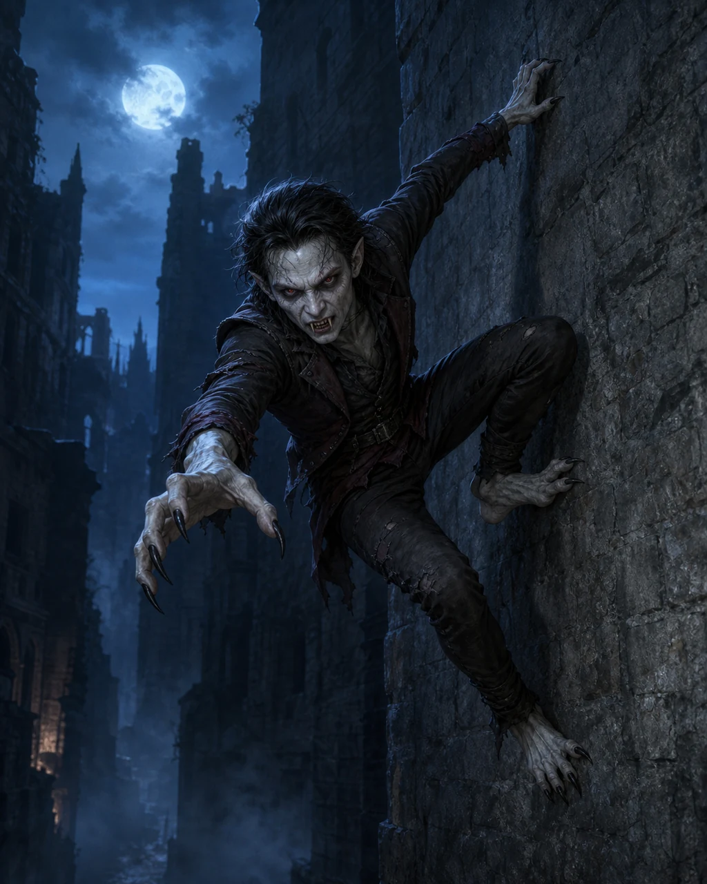A pale vampire spawn clings to a moonlit stone wall, claws spread and fangs visible.