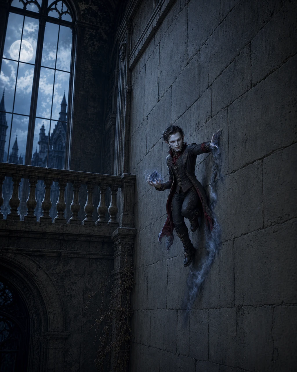A pale vampire walks down a moonlit manor wall as one hand gathers grave force and the other turns to mist.