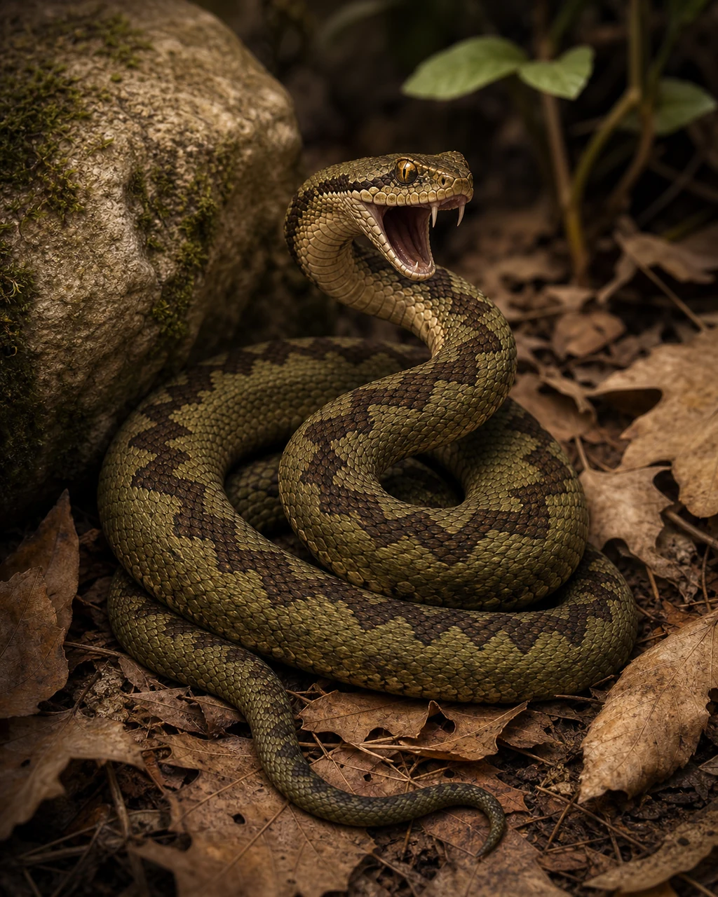 A small olive viper coils in woodland leaves with its triangular head raised and fangs visible.