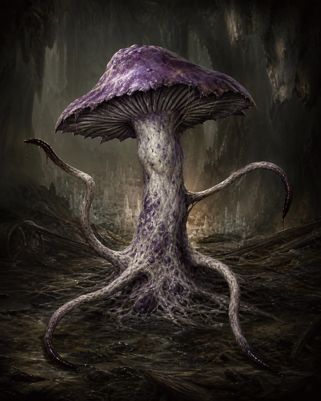 A violet mushroom creature lashes four long tendrils from its rooted base in a damp cavern.