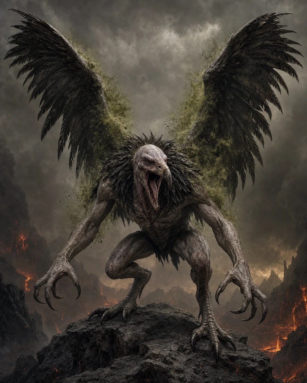 A ragged-winged vrock lands on a blasted crag, shrieking as dark spores shake from its feathers.