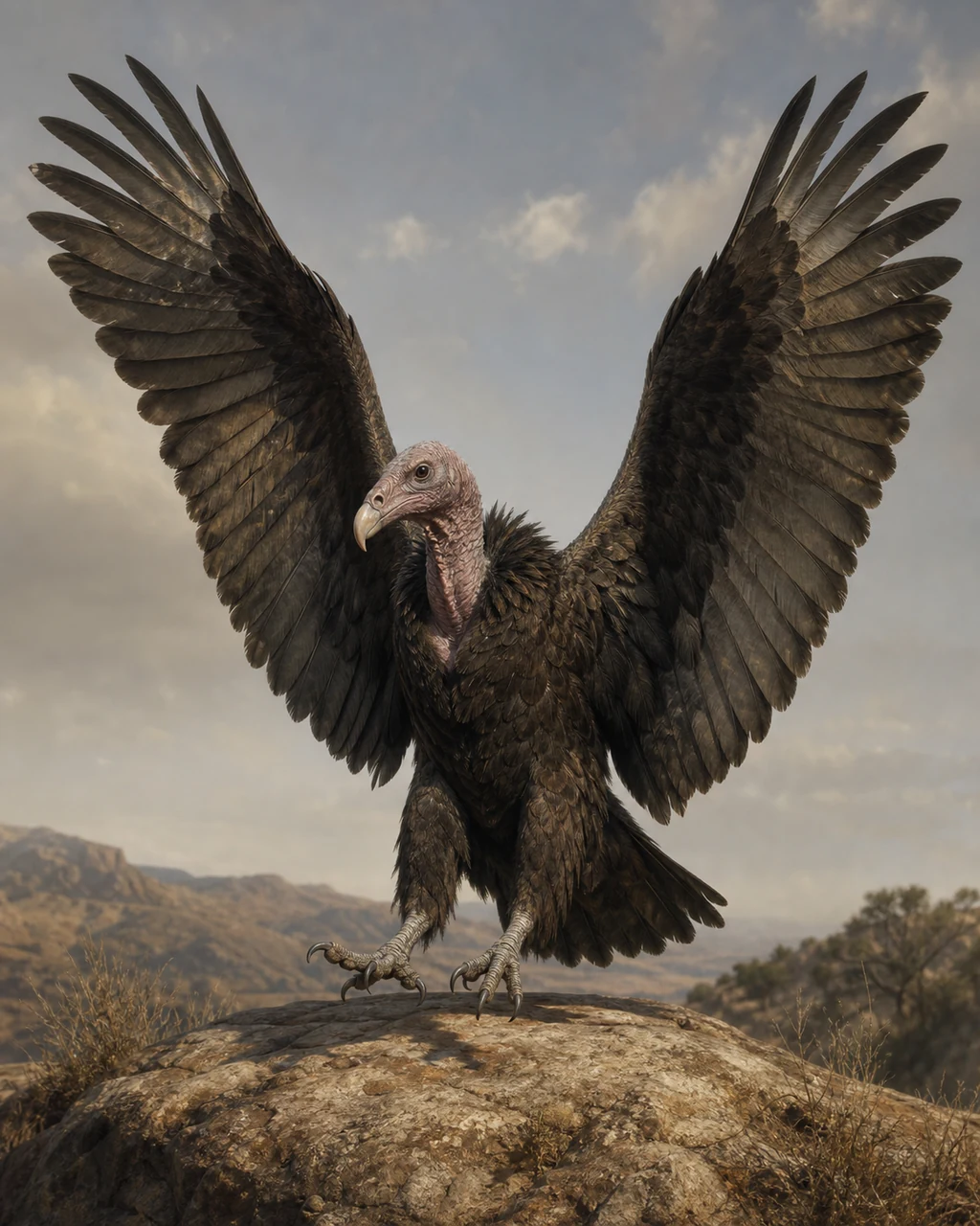 A dark vulture lands on a dry ridge with broad wings raised around its bare gray-pink head.